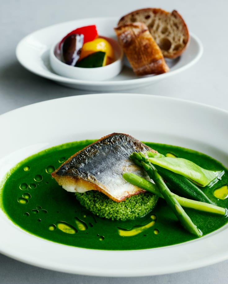 Charcoal-Grilled Spanish Mackerel with Nanohana Tabbouleh