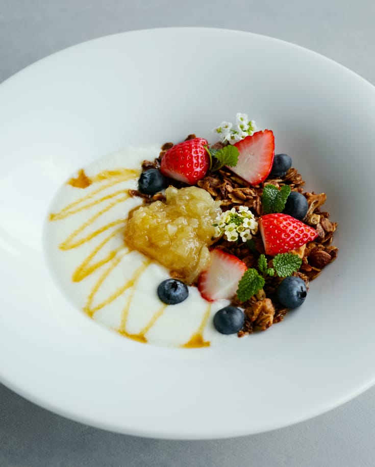 Yogurt with Homemade Granola Served with confiture and seasonal fruits