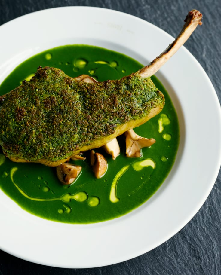 Charcoal-Grilled Bone-In Pork Loin with Parsley Sauce