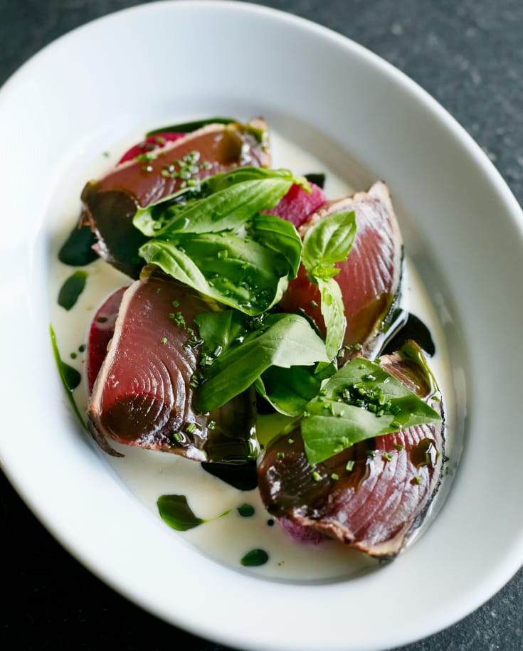 Bonito and Beet Carpaccio with Washed Cheese Sauce